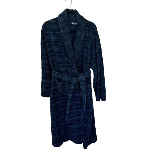 Vtg Mens Plaid Terry Cloth Bathrobe Navy Green One Size Pockets Tie Cherokee - Picture 1 of 10